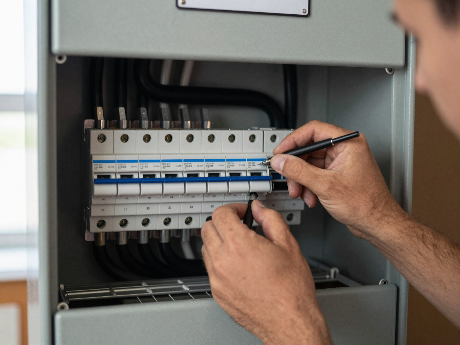 Electrician consultation with homeowner in residential kitchen